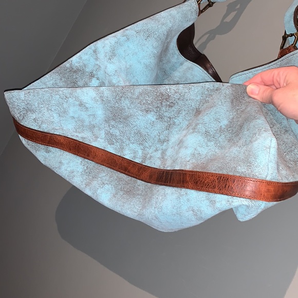 Juan Antonio Adobe Turquoise Blue Brown Leather Nubuck Weekend Boho Western Tote - Picture 8 of 16